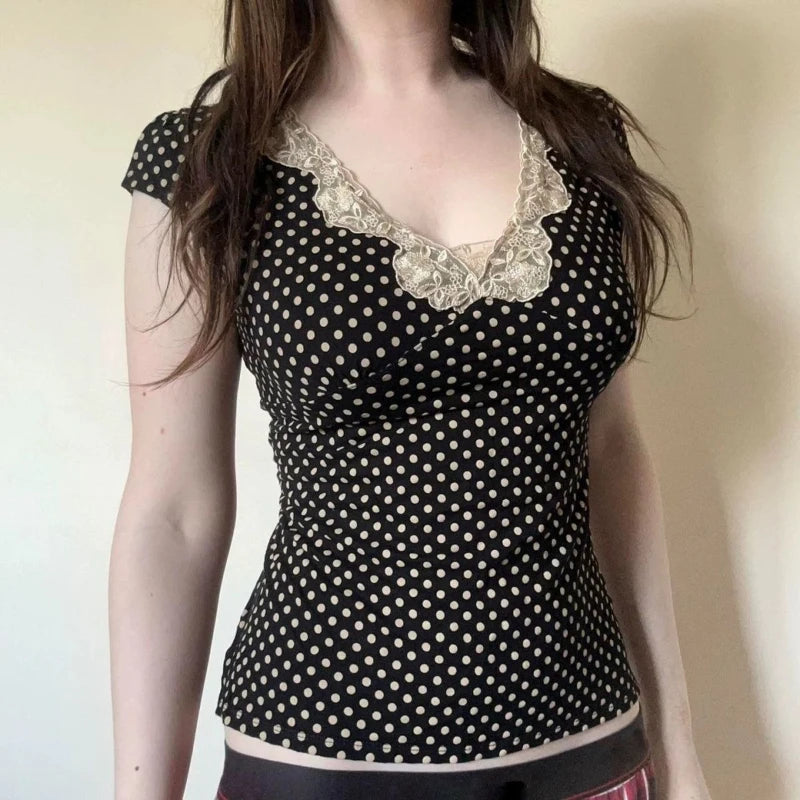Lunivop  Temperament Vintage French Style Lace Women Clothing Patchwork Slim Spice Girls T-shirt Polka Dot All-match Lovely Tops