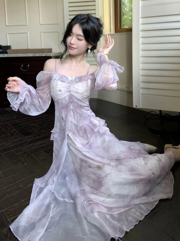 Lunivop  Summer Elegant Print Fairy Long Dresses for Women French Off Shoulder Ruffles A-Line Birthday Party Dress One Piece Vestidos New