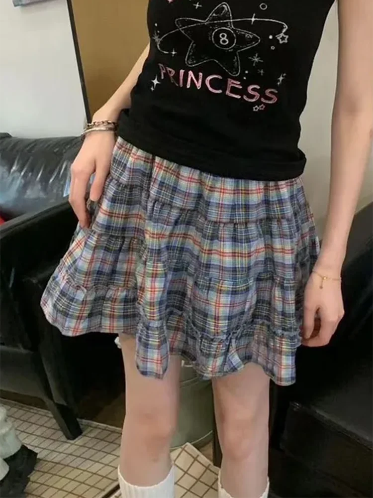 Lunivop Vintage Plaid Skirts Women Japan High Waist Ruffles Mini Skirt Casual Preppy Style Loose Female Retro Harajuku A Line Skirt
