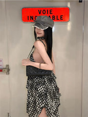 Lunivop Vintage Plaid Mini Dress Women Sexy Club Backless Irregular Dresses Korean Style V-neck Gyaru Streetwear Y2k Aesthetic