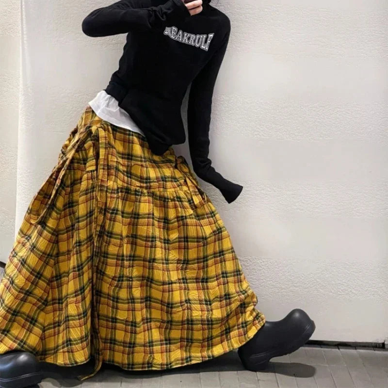 Lunivop Vintage Plaid Skirt Women Y2k Japanese Style Long Skirt Harajuku Streetwear Fashion Retro A-line Midi Skirts Aesthetics