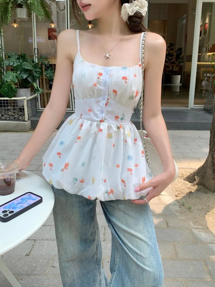 Lunivop  Woman Camis Floral Printed Slash Neck Summer Fashion Slim Sweet Elegant Female Casual Tank Tops French Style Chic