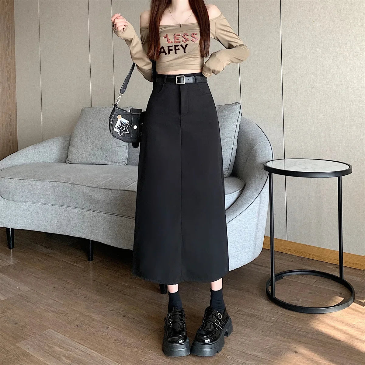 Lunivop High-waisted Slimming Skirt Greysuit Women's Lightweight Casual A- line Medium-length Dress