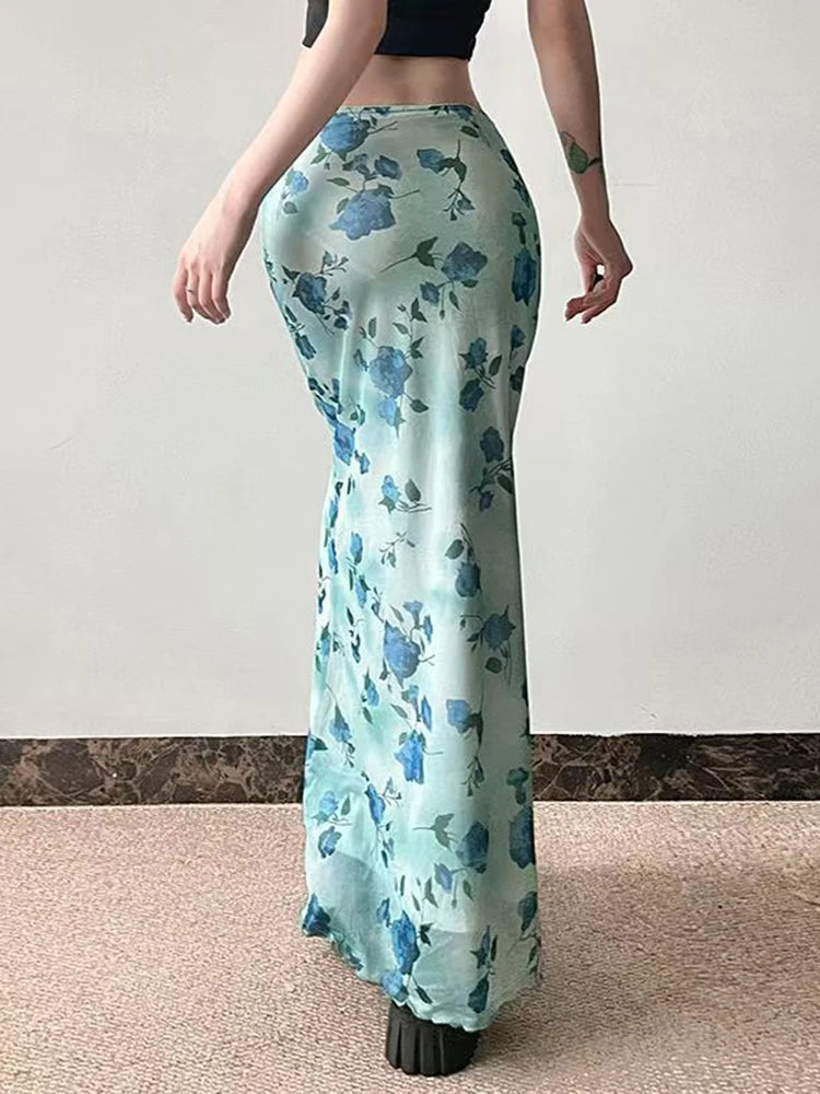 Lunivop  Vintage Mesh Floral Long Skirt Women Elegant Low Waist Slim Sexy Skirts Retro American Streetwear Casual Elastic Long Skirt
