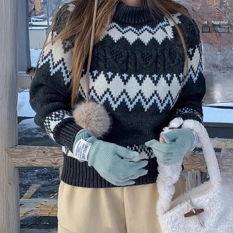 Lunivop Fair Isle Sweater for Women Chunky Knit Crew Neck Pullover Sweater Cozy Knitwear Teen-girl Fall Winter Classic Chic Outfit