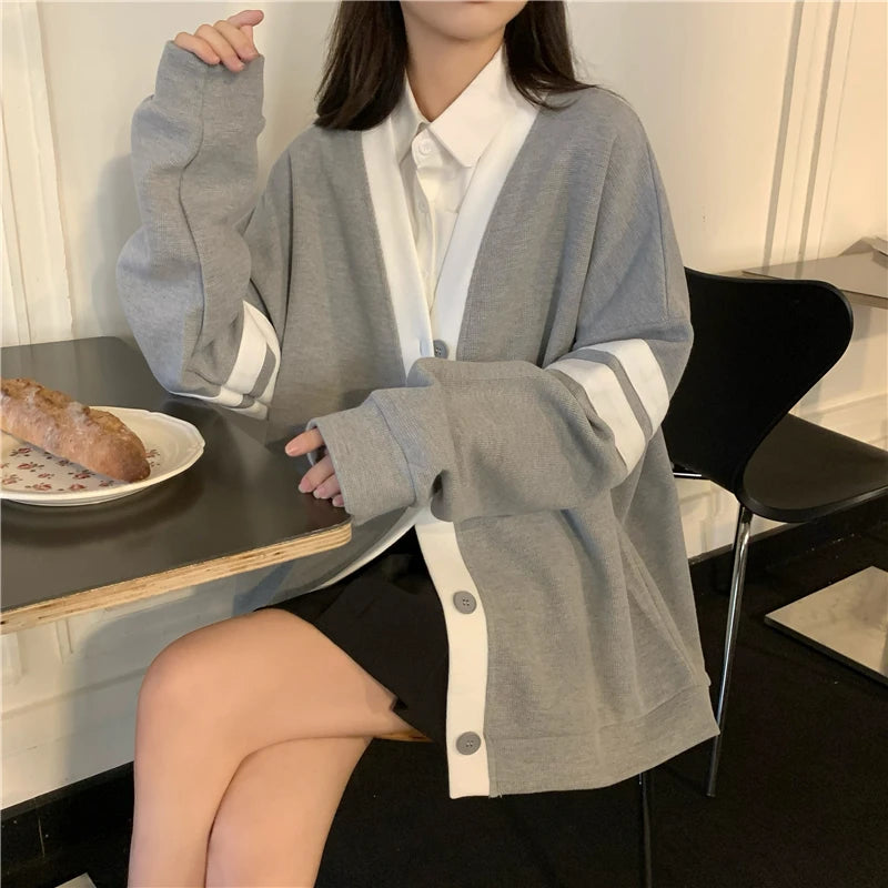Lunivop Varsity Cardigan Sweater for Women Long Sleeve V-Neck Button-up Knit Slouchy Cardi Korean School-girl Preppy Fall Winter Outfit