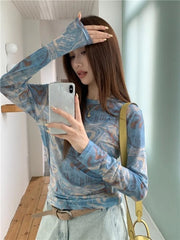 Lunivop  Vintage Tie Dye Printed O-neck Slim Fit Tee Shirt Y2k Thin Mesh Long Sleeved T-shirts Summer New Chic Top for Women