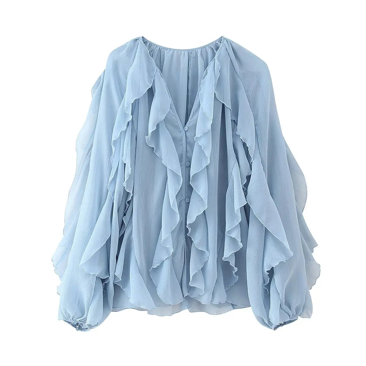 Lunivop  5 colors Fashion Cascaded ruffles V neck Open buttons Lantern Sleeve Shirt Women Loose Chiffon Blouse Tops