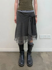 Lunivop  Deeptown Vintage Plaid Mesh Skirts Women Japanese Asymmetrical Mid Skirt Y2k Harajuku Lace Up Short Skirts Aesthetics Elegant