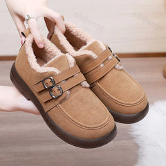 Lunivop Autumn Winter Casual Flat Shoes for Women Moccasins Soft Loafers Fashion Buckle Warm Plush Slip on Female Cotton Shoes