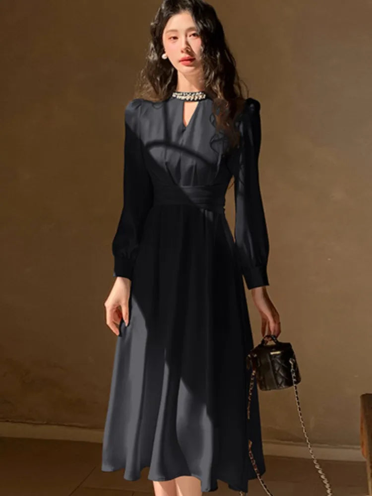 Lunivop Elegant French Satin Vintage Midi Dress Spring New Office Lady Lace-up Long Sleeves Slim Wasit Korean Chic Vestidos Basics