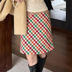 Lunivop  2 colors Autumn High Waist Tweed Colored Plaid Skirt Women Side Zipper A lined Knee Length Long Skater Party Femme