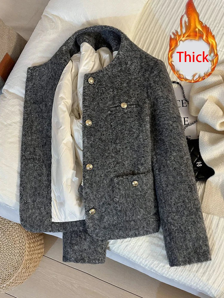 Lunivop  Zoki Winter Faux Woolen Gray Coat Women Vintage Thick Warm Long Sleeve Slim Jacket Casual O Neck Female Korean Elegant Retro Top