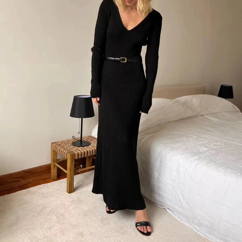 Lunivop Sexy V-neck Elegant Knitted Dress Women Vintage Coquette Long Dress Autumn Winter Retro A-line Party Dresses Slim Up