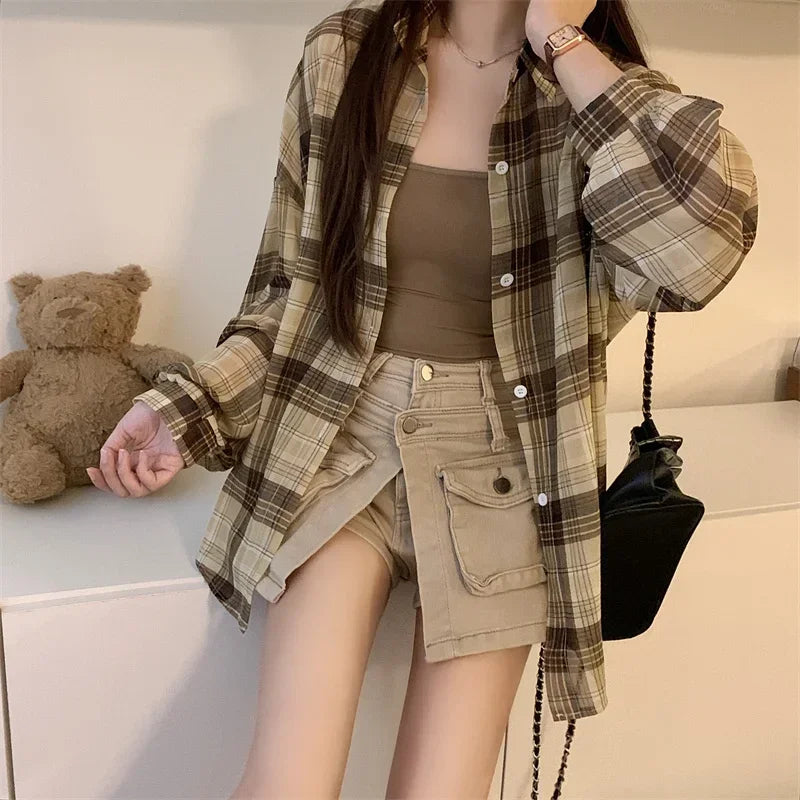 Lunivop Tops Women Sheer Chiffon Plaid Shirt Long Sleeve Button Up Collared Oversize Checked Shirts and Blouse Summer Casual Outfit