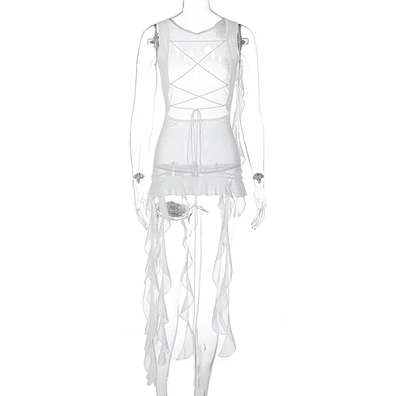 Lunivop Mesh See Through Backless Sleeveless Floral Pattern Long Tassel Women'S Top T Shirt Summer Casual Y2K Streetwear Clothes