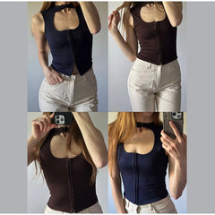 Lunivop  Cutout Mock Neck Sleeveless Zip Front Tank Top Slim Fit Cropped Summer Chic Women Knit Top Casual Fashion Lady Camisole