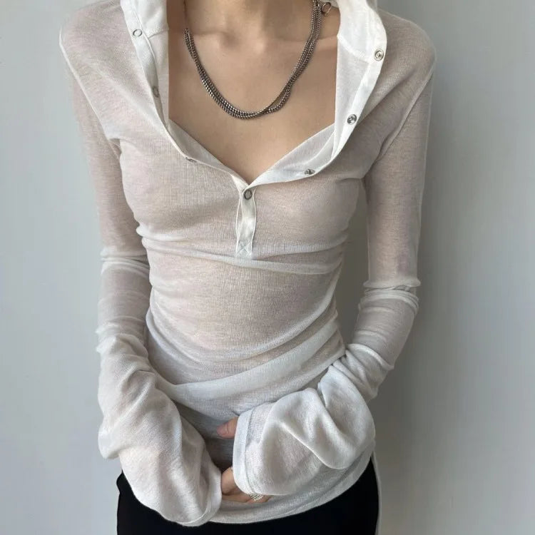 Lunivop  See Through Thin Long Sleeve Tops Mujer 2025 Summer New Slim Fit T-shirt for Women Ruched Drawstring Hoodie Tee Shirt