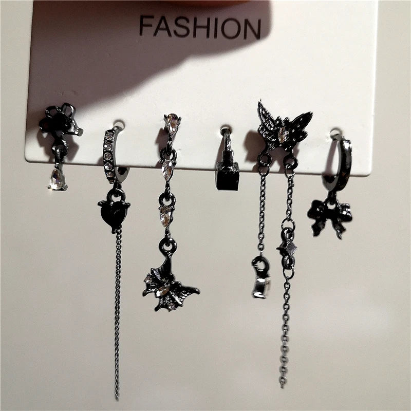 Lunivop 6PCS SET Goth Black Butterfly Crystal Tassel Chain Pendant Earring For Women Vintage Aesthetic Trendy Y2K Jewelry Gift Brincos