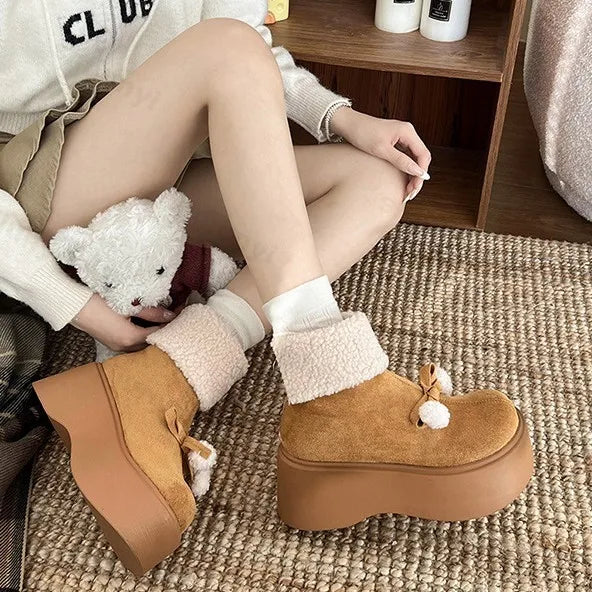 Lunivop Fashion Bow Fur Women Suede Snow Boots New 2025 Winter Plush Warm Flats Platform Short Boots Casual Cotton Shoes Ankle Botas