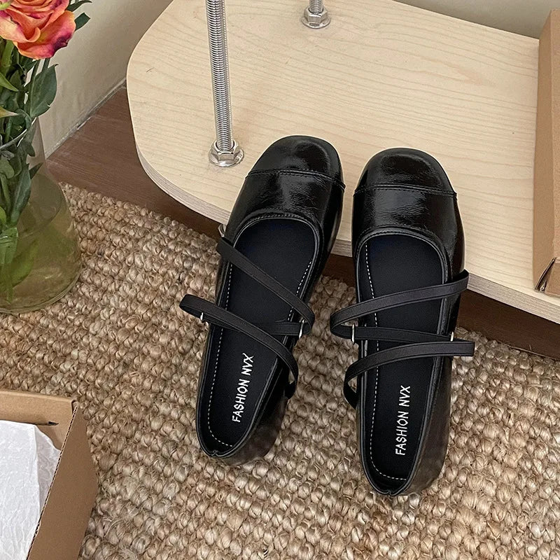 Lunivop Ballet Flat Shoes Women Comfy Glossy Leather Shoes Women Luxury Women Round Toe Flat Mary Janes Ladies Cross Buckle Shoes