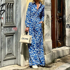 Lunivop  Blue Print Vintage Casual Shirt Dress Women Single Breasted Bohemian Girdle Waist Long Sleeve Maxi Long Sundress