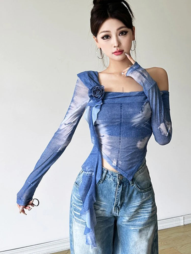 Lunivop 3D Floral Tie Dye T Shirts Women Sexy Off Shoulder Slim Y2K Tops Retro Streetwear Female Long Sleeve American Cropped Tees