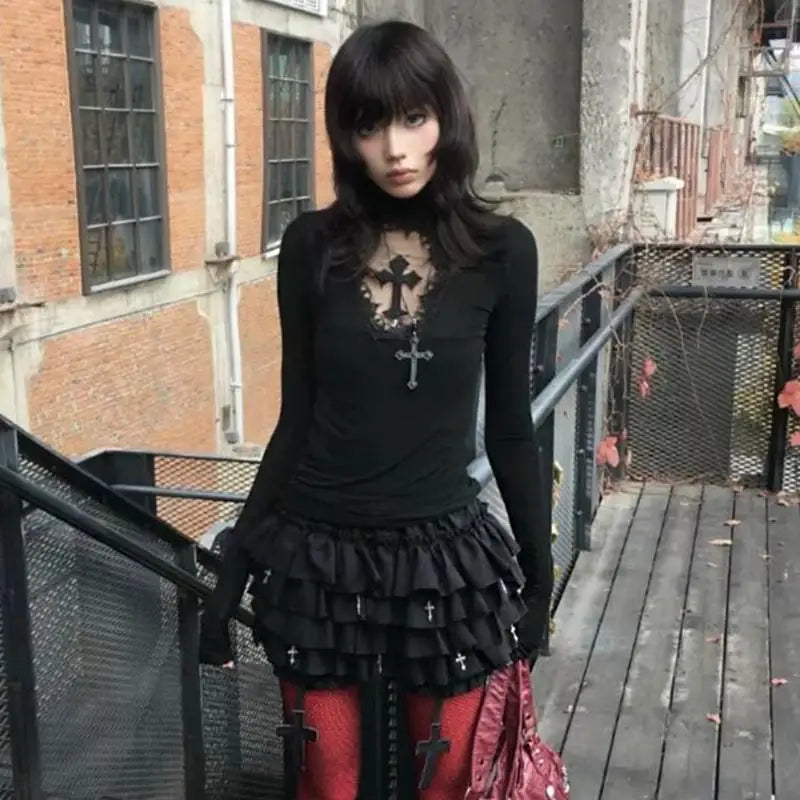 Lunivop Y2k Gothic T Shirt Women Hollow Out Patchwork Vintage Crop Tops Streetwear American Retro Grunge Tops Aesthetic Tshirt