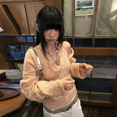 Lunivop Harajuku Knitted Two Pieces Tops Hollow Out Floral Tank Tops +smock Y2k Fairycore T Shirts Women 2000s Japanese Tee Top