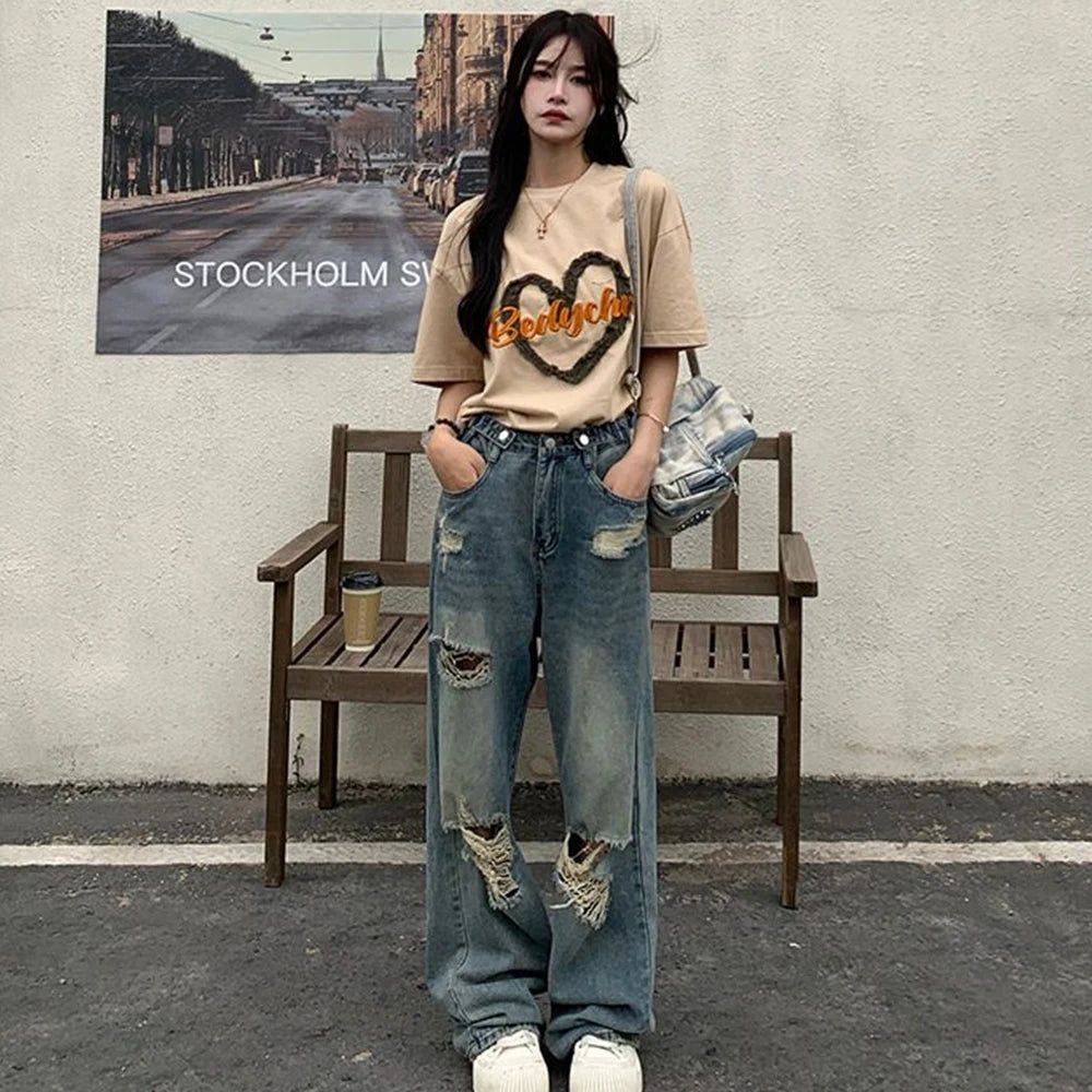 Lunivop American Retro Hole-punched Jeans Women High Waist Straight-crotch Loose Slim Design High-street Vibe Wide-legged Dragging Pants