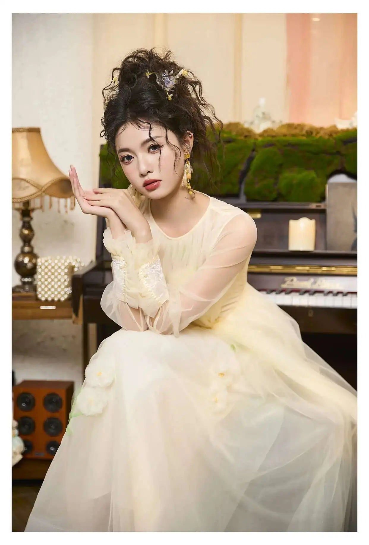 Lunivop Solid Mesh Flower Spliced Dresses For Women Round Neck Long Sleeve Thin Female Elegant Dress 2025 Autumn New