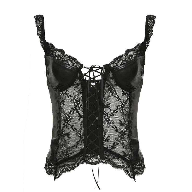 Lunivop  Punk Sexy Bandage PU Vest Clubwear See Through Lace Patchwork Leather Crop Top Women Summer Skinny Corset Top Gothic Tees