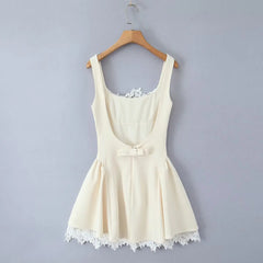 Lunivop  Party Mini Tank Dresses Sleeveless  A-line Bow Backless Dress Red Lace Spliced Elegant