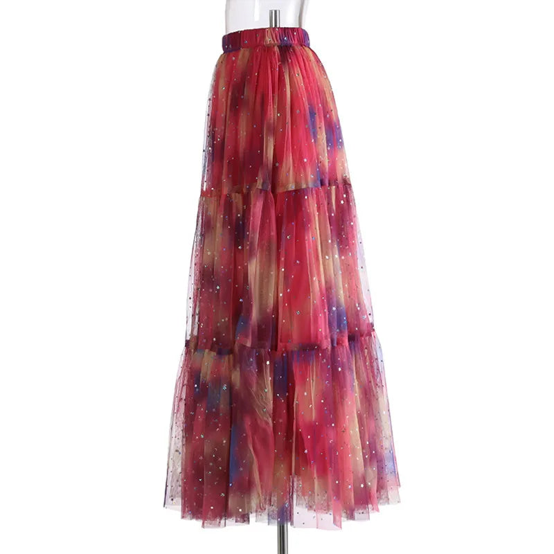 Lunivop Fashion Gradient Color Sequin Skirt Women's Large Swing Mesh Fluffy Skirts 2025 Summer New Tide