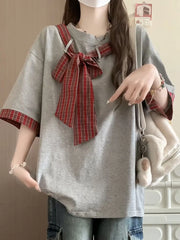 Lunivop  Pure Cotton Cute Bow T Shirts Women Vintage Preppy Style Plaid Patchwork Tees Casual Loose Letter Japan Kawaii Lace Up Tops