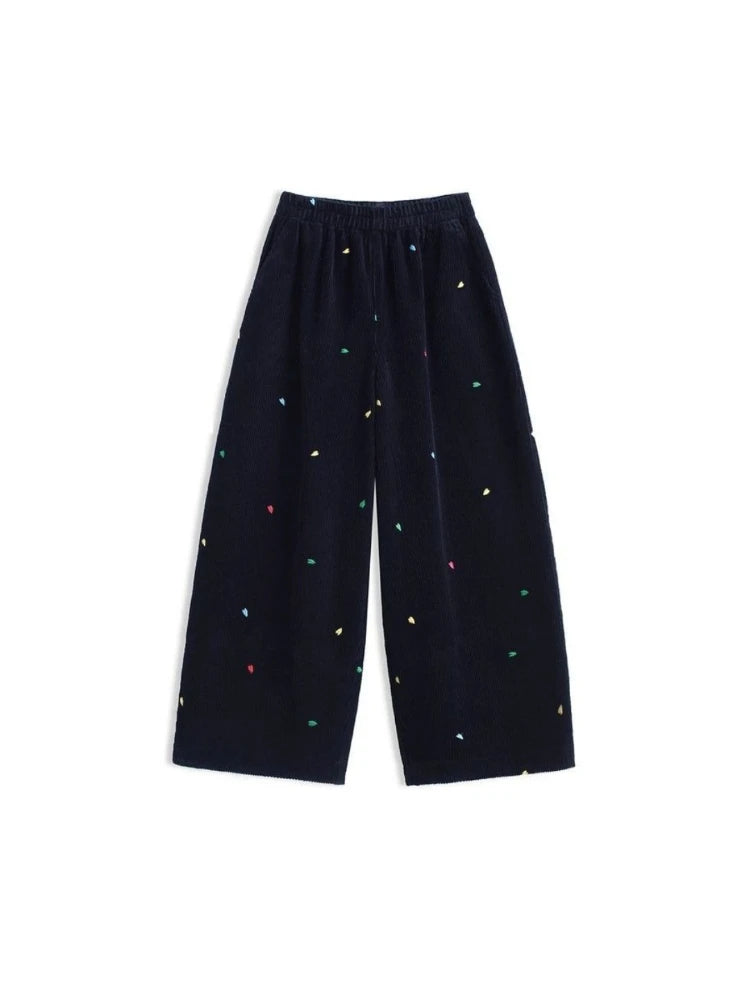 Lunivop  New Fall Winter Korean Retro Corduroy Pants Women Embroidered Wide Leg Trousers Plush Lined High Waist Casual Straight Leg Pants