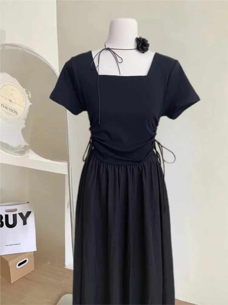 Lunivop New Elegant Summer Short Sleeve Vacation Dress For Women Square Neck Casual Solid Party Dresses Korean Chic Slim A-line Vestidos