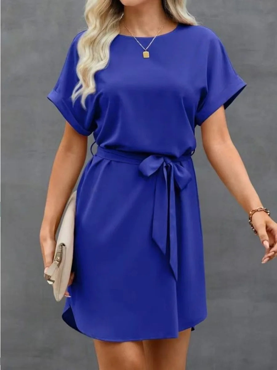 Lunivop  Women's Short Sleeve Dress - Round Neck Self-Tie Belt Loose-Fit Casual Mini Dress