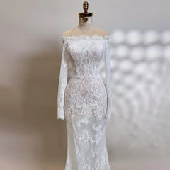 Lunivop  Elegant Wedding Dress Boat Neck Long Sleeves Lace Applique Mermaid Long Wedding Gown for Women Formal Bridal Dresses