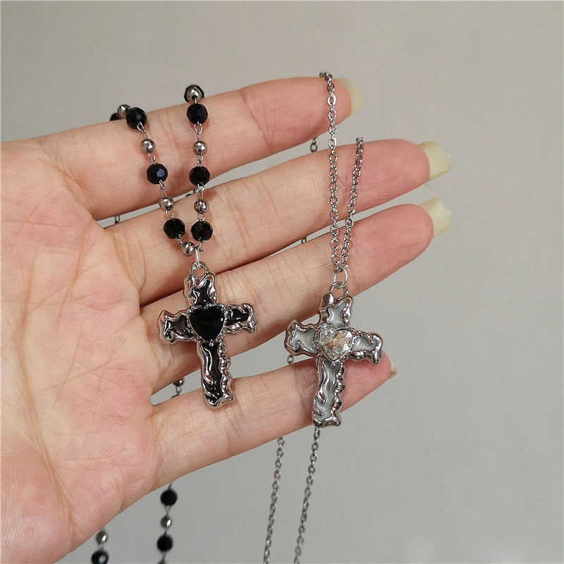 Lunivop Kpop Punk Goth Black Cat Pink Crystal Cross Heart Pendant Star Chain Necklace Men Women Hip Hop 2000s Y2K Grunge EMO Accessories