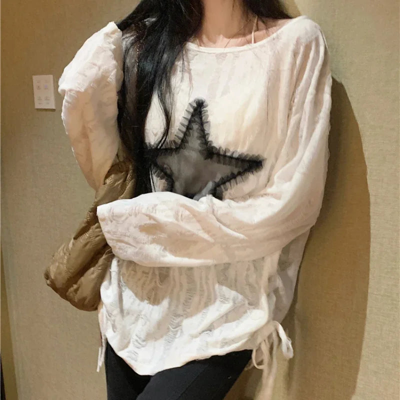 Lunivop Streetwear Drawstring Pleated Loose Long-sleeved T-shirt Women Autumn New O-Neck Star Stitching Distressed Casual Tops