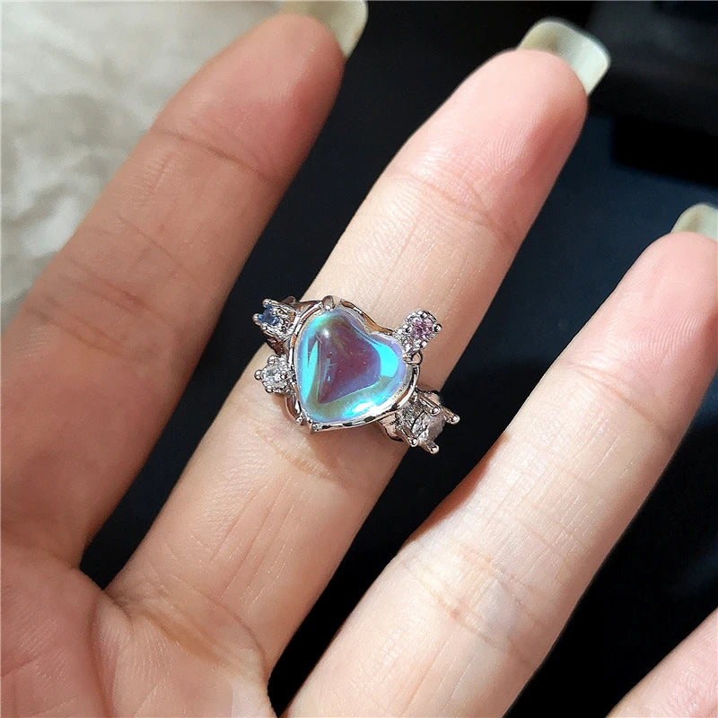 Lunivop Kpop Fashion Y2K Crystal Heart Adjustable Ring Irregular Geometry Punk Vintage Rings For Women Girls Cute Jewelry Accessories