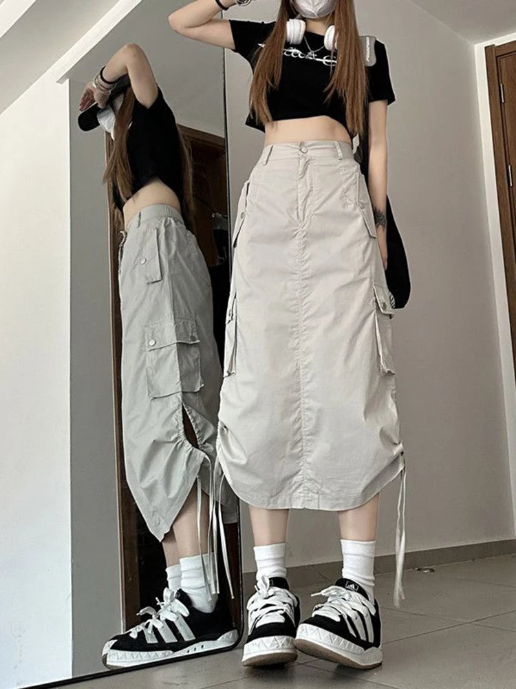 Lunivop American Retro Streetwear Cargo Skirt Women Fashion Slit Hip Hop Midi Skirts Summer High Waist Drawstring Pockets Skirt New