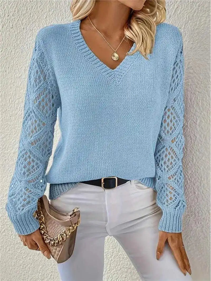 Lunivop Long Sleeve Pointelle Knit Top Pullovers Women Sweater Openwork Long Sleeve V-neck Jumper Fall Winter Blusas Para Mujer Outfit