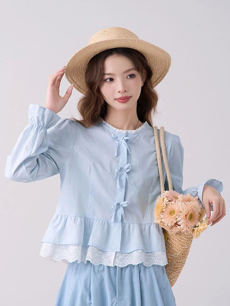 Lunivop Cute Bow Sweet Shirts Women Korean Fashion Lace Patchwork Blue Blouse Preppy Style Casual Elegant Female Long Sleeve Tops