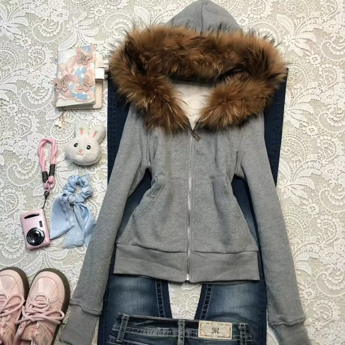 Lunivop  Women's Retro Fur Collar Hoodie Women Clothing Design Autumn and Winter Short Fit Slim Fit and Slimming Jacket Hooded Sweatshirt