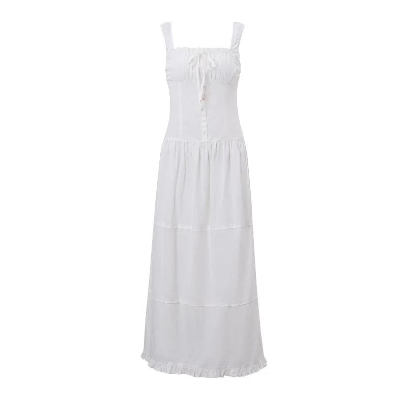Lunivop   Elegant Square-neck White Maxi Dress Casual Summer Slim Lace Up Sleeveless Dreses 2024 French Party Beachwear Vestidos