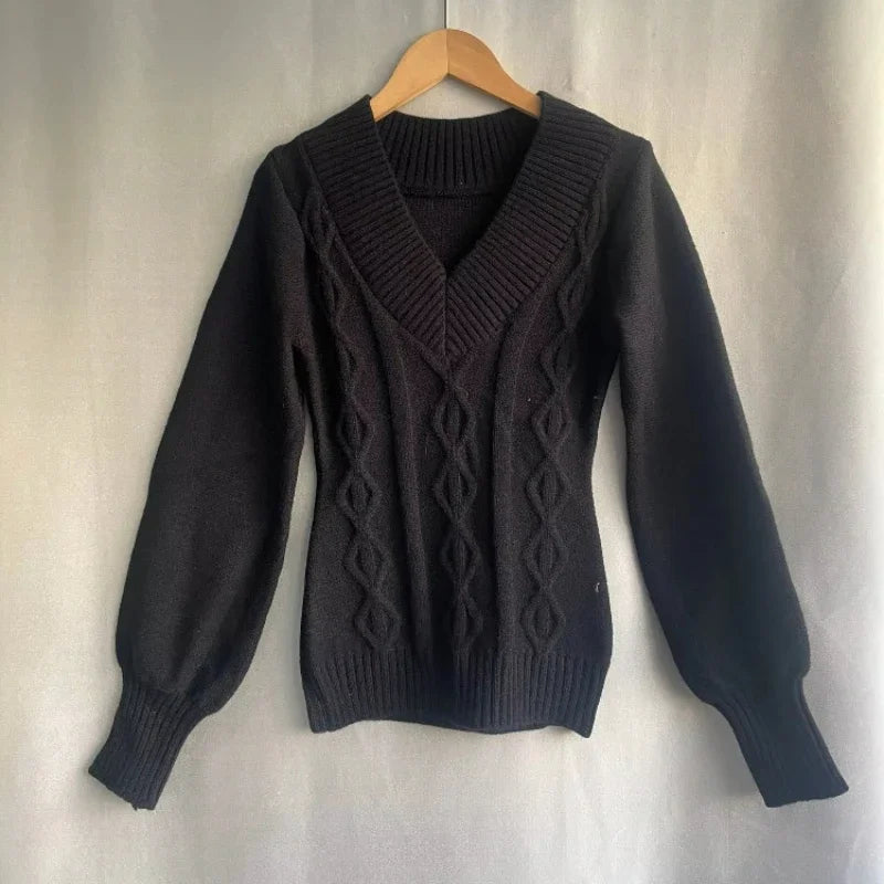 Lunivop Sexy Elegant V-neck Knitted Pullover Women Black Y2k Fashion Long Sleeve Sweaters Simple Casual Slim Aesthetics Tops
