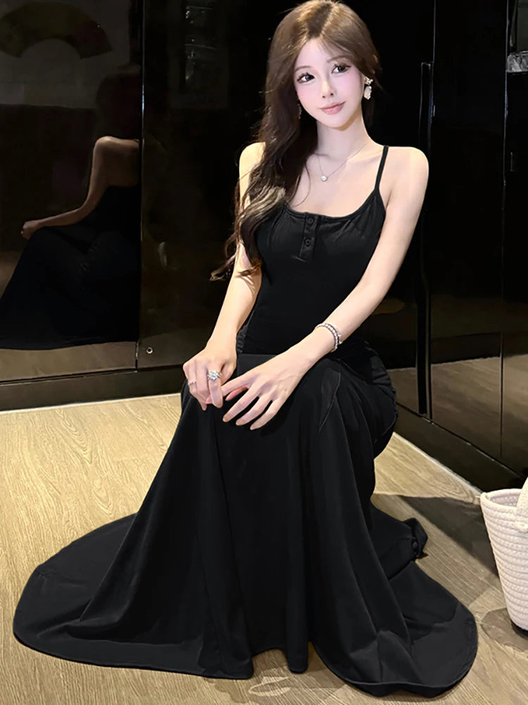 Lunivop  Summer Solid Elegant Sling Maxi Dress Women Fashion Chic Ruffled Mermaid Dress 2025 Korean Elegant Bodycon Luxury Evening Dress