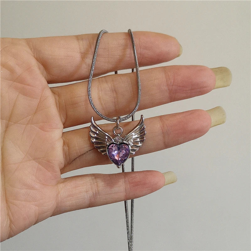 Lunivop Kpop Cute Aesthetic Heart Bow Cross Pendant Purple Bead Necklace Egirl Goth Vintage 2000s Y2K EMO Rave Jewelry Scene Accessories